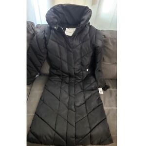 Steve Madden Black Long Quilted Puffer Coat with Hood